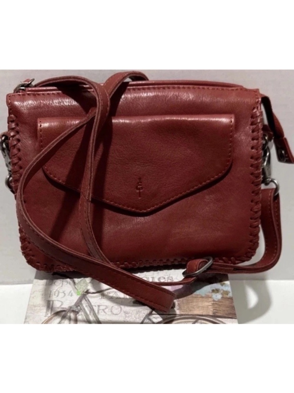 DAY& MOOD by Anthropologie Brown Leather Crossbody Bag Zip Pockets Whipstitch